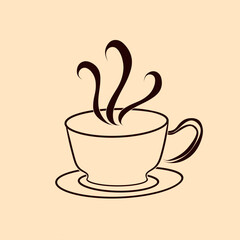 brown line illustration forming a picture of a cup of hot coffee without a background