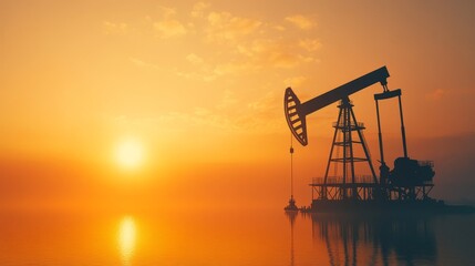 A silhouetted oil pump jack at sunset, reflecting in the calm water, symbolizing the energy industry and natural resources.