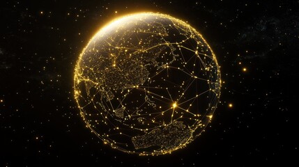 Obraz premium Generative AI illustration of glowing planet with yellow network connecting cities on black background