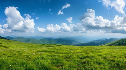 Vast green landscape under a bright blue sky adorned with fluffy clouds, showcasing the beauty of nature and tranquility.