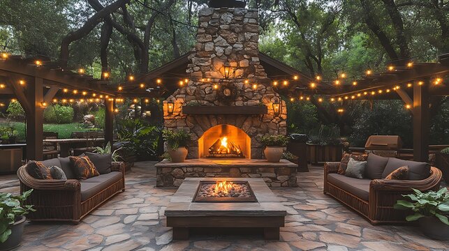 Rustic outdoor patio with rough cobblestone pavers, weathered wooden furniture, a large stone fireplace glowing warmly, string lights hanging overhead, surrounded by natural greenery,