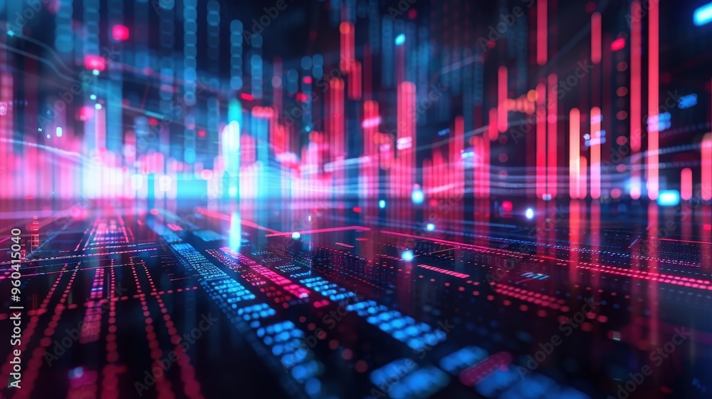 Poster dynamic abstract background featuring vibrant data visualization with neon colors and digital elemen