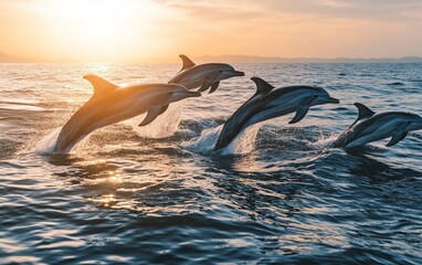 Fototapeta premium A stunning sunset scene featuring dolphins leaping gracefully out of the ocean.