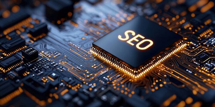 Close-up of a microchip with glowing SEO text on a circuit board, symbolizing technology and digital marketing innovation.