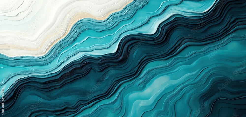 Poster dynamic abstract image featuring flowing waves of teal and turquoise, blending seamlessly to create 