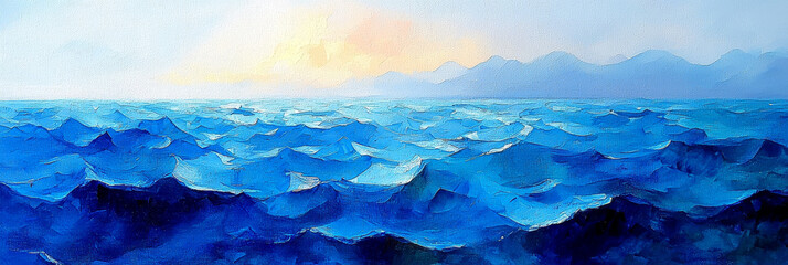 A painting of a seascape, featuring a vast blue ocean with waves gently rolling, a distant mountain range and a glowing horizon.