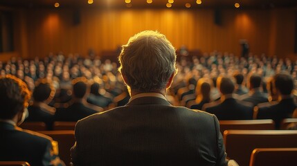 Engaged Business Professionals Attending Investment Seminar, Rear View Audience Listening to Speakers on Stage