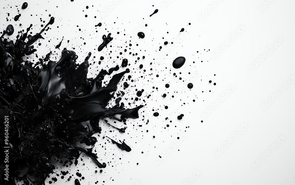 Poster dynamic black paint splash on white background, creating an artistic and bold visual contrast perfec