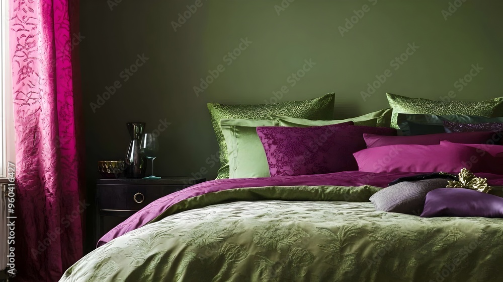 Poster cozy and comfortable bedroom oasis featuring a harmonious green and magenta color scheme creating a 