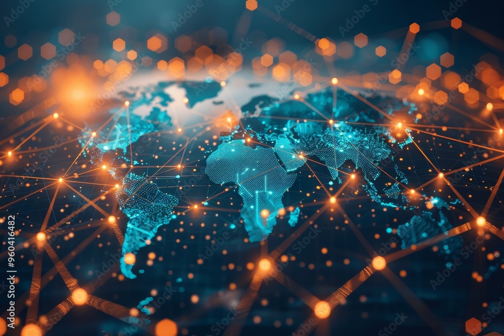 Poster abstract digital world map with glowing lines and connections, representing global network and commu