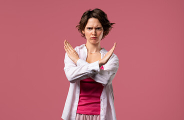 No, never, young woman rejecting gesture stop crossing hands. Ban, timeout.