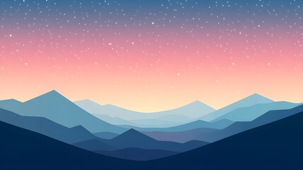 A simple flat illustration of a starry sky, with a pink and blue gradient background and mountains in the distance