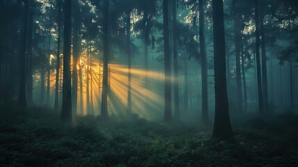 Naklejka premium A misty forest at dawn with rays of sunlight piercing through the trees, creating a mystical atmosphere.