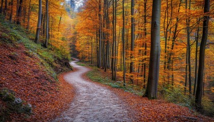 Obraz premium A winding path through a vibrant autumn forest, showcasing colorful foliage and a serene natural landscape.