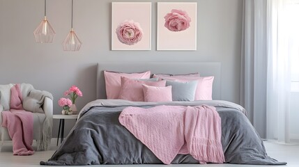Cozy and Inviting Bedroom Featuring a Delicate Pink and Gray Color Combination with Plush Bedding and Subtle Accents for a Relaxing and Calming Ambiance