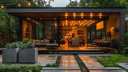 Obraz premium Urban chic outdoor space featuring sleek black pavers, minimalist industrial-style furniture, large concrete planters with succulents, string lights hanging above,