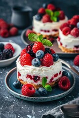 Delicious cheese cake with raspberry fruit on table