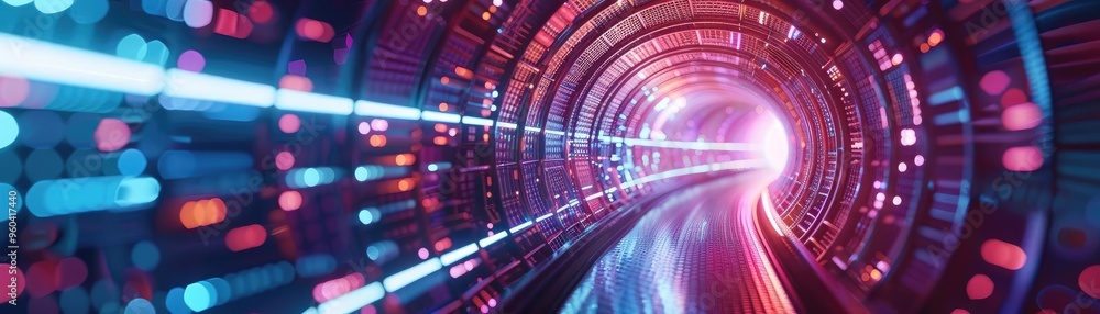Poster a vivid tunnel of light showcasing dynamic colors and energy, representing speed and futuristic tech