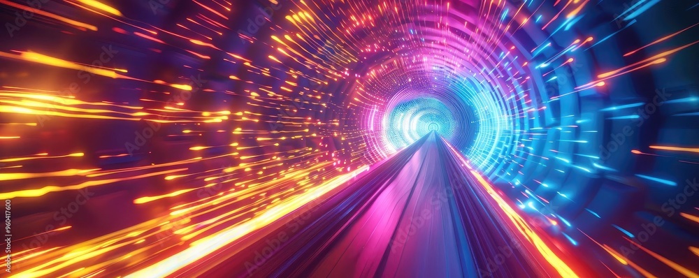 Poster Vibrant tunnel with glowing lights and dynamic lines creating a sense of speed and movement, perfect for futuristic themes.