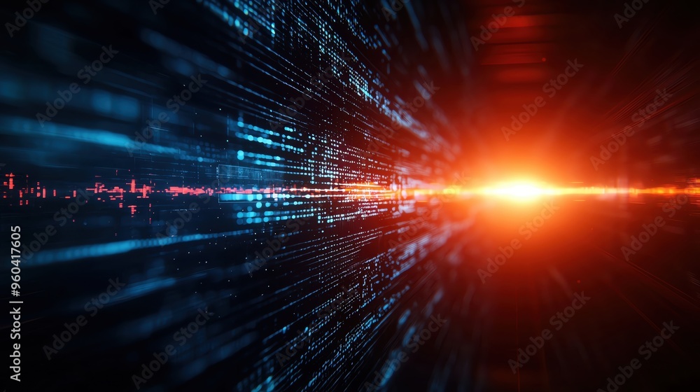 Poster dynamic digital background with vibrant light rays and data streams, perfect for technology and inno