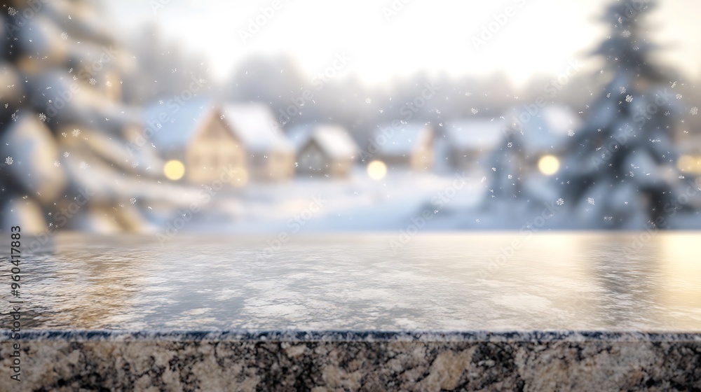 Poster sparkling granite table with snowy village bokeh - 3d render close-up