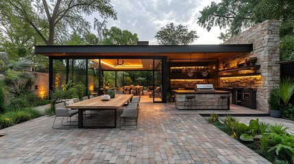 Obraz premium A beautiful outdoor patio with paver flooring, a long wooden dining table for a family dinner, an outdoor kitchen with a stone grill, surrounded by lush greenery,