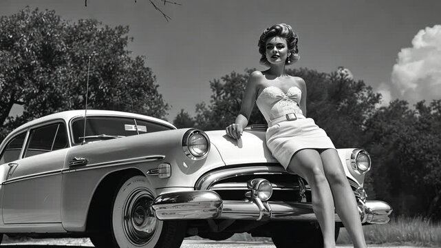 Stylish Woman in Vintage Dress Posing on a Classic Car in a Black and White Retro Scene