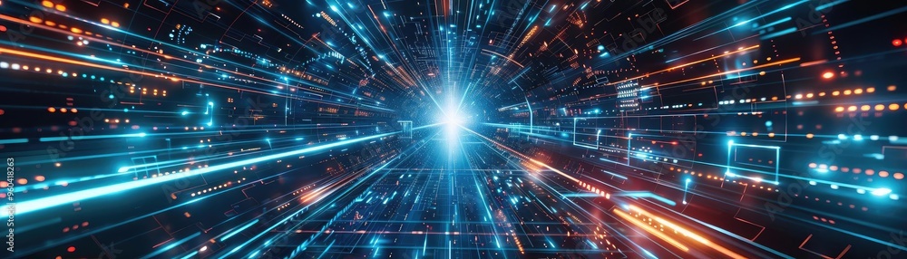 Poster A stunning visual of glowing lines and dots creating a sense of depth and speed, representing digital connectivity and future technology.