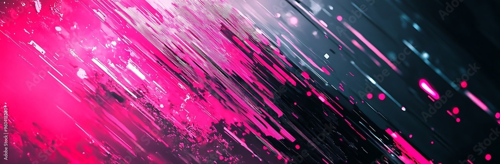 Poster dynamic glitch noise texture on dark grey and neon pink background with pulsating lights - abstract 