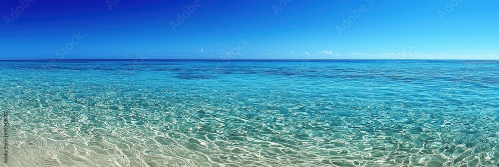 Poster the serene environment features calm, crystal-clear waters merging seamlessly with the horizon, invi