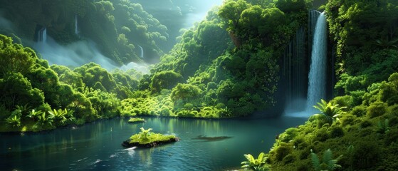 Majestic of a Stunning Waterfall Cascading into Lush Green Valley