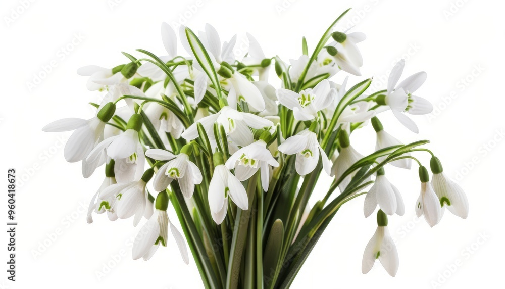 Wall mural snowdrop serenity: a stunning bouquet on a white canvas