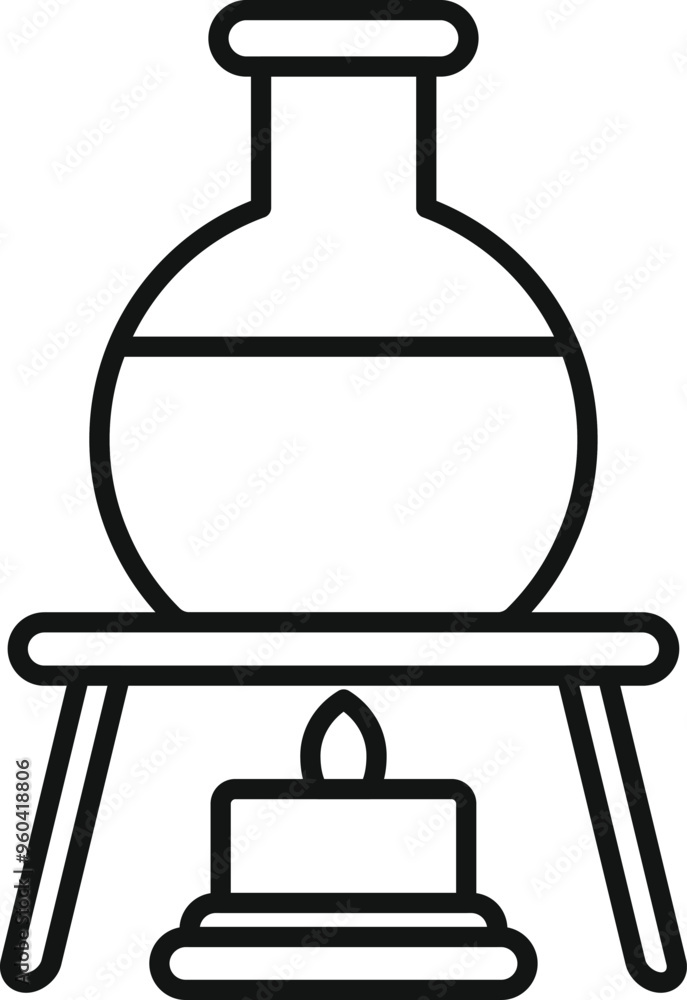 Aufkleber line art icon of a round bottom flask containing liquid, being heated on a platform over a lit bunse