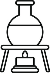 Line art icon of a round bottom flask containing liquid, being heated on a platform over a lit bunsen burner