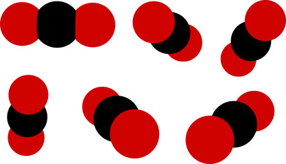 Drawing of carbon dioxide in different angle orientation, CO2 molecule model for greenhouse gas, chemistry, science, education, simulation, environment, carbon footprint, quantum chemistry, industry