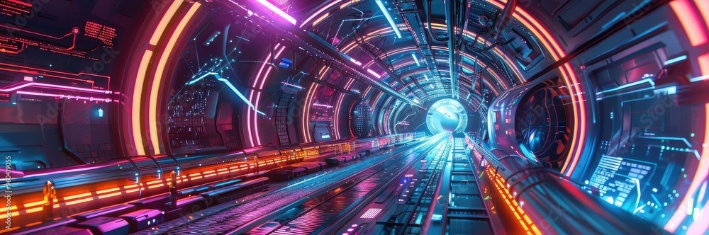 Poster a futuristic tunnel illuminated with vibrant neon lights, creating a captivating sci-fi atmosphere f