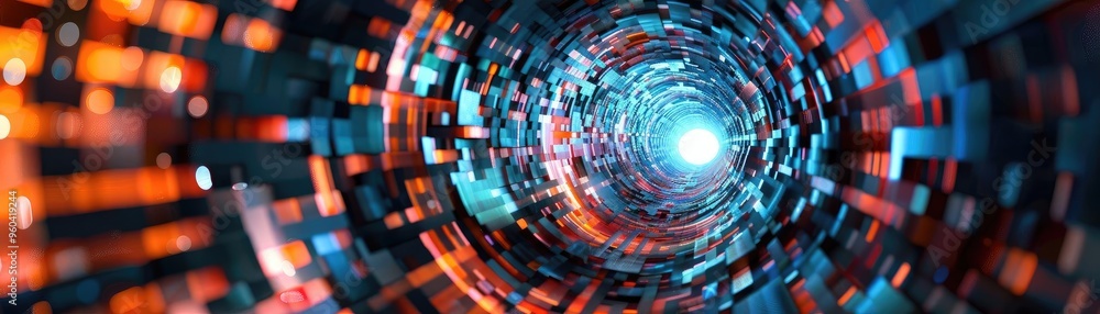 Poster a mesmerizing digital tunnel with vibrant lights and swirling patterns, evoking a sense of depth and