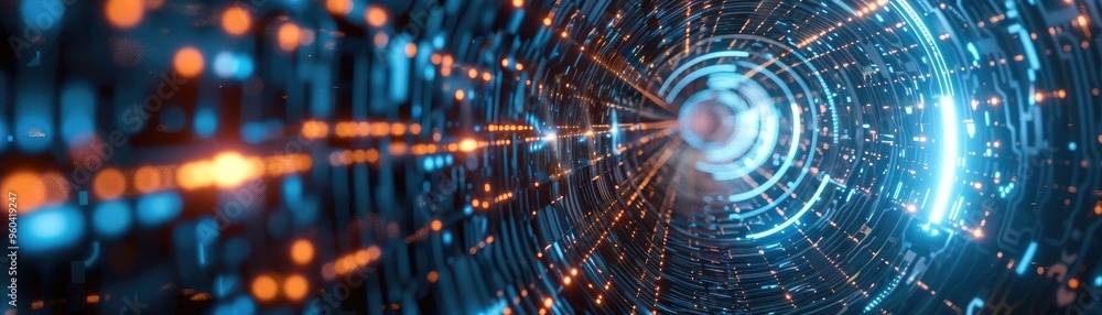 Poster Abstract digital tunnel with glowing particles, symbolizing technology, speed, and futuristic concepts in motion.