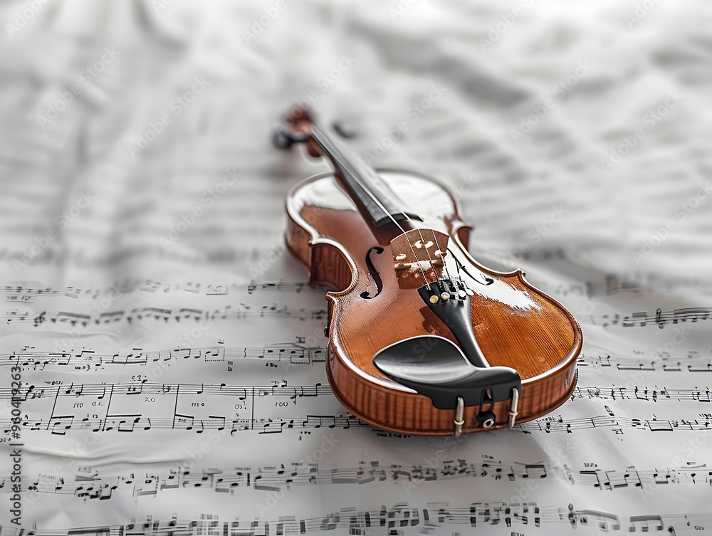 Poster classical violin resting on sheet music with floating notes in vintage background