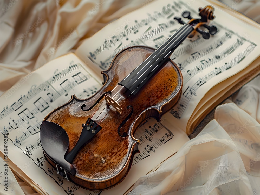Poster classical violin resting on sheet music with floating notes in background