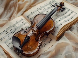 Naklejka premium Classical Violin Resting on Sheet Music with Floating Notes in Background