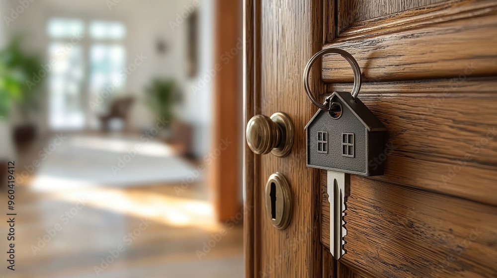 Wall mural Unlocking New Property Investment - Close-up of Keychain on Key in Open Door
