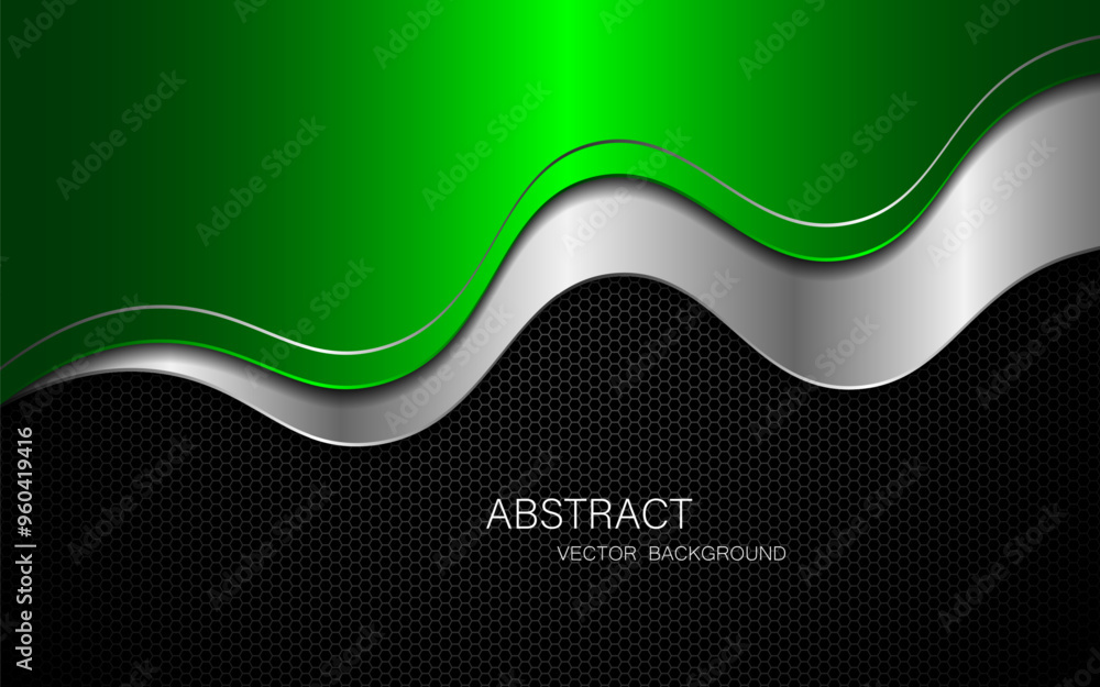 Poster abstract green and silver curves with golden lines on dark steel mesh background. with free space fo