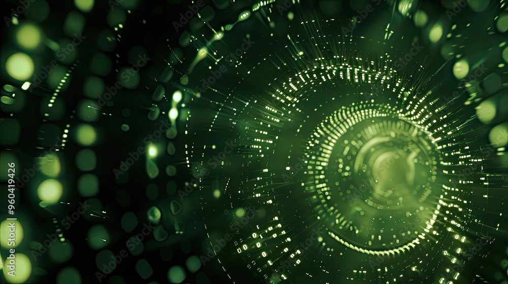 Aufkleber Futuristic green abstract tunnel design with glowing particles, creating a mesmerizing digital environment and visual depth.
