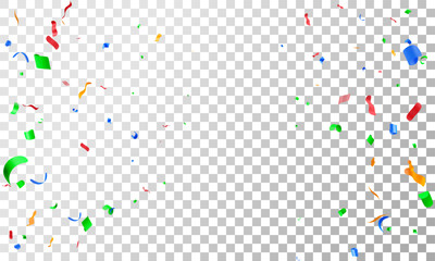 3D color party confetti on transparent background. Render colorful confetti in empty space. Metal firecracker elements in various shapes. Party, holiday, surprise birthday events. Vector illustration