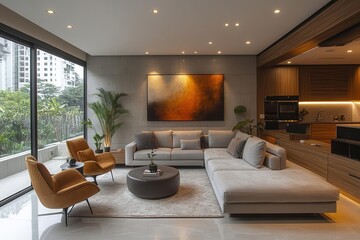 Fototapeta premium contemporary living room interior featuring a statement wall adorned with an oversized abstract painting sleek furniture and minimalist drawers bathed in soft ambient lighting