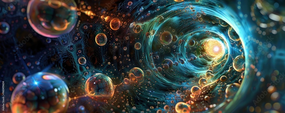 Poster a vibrant abstract image of swirling colors and bubbles, creating a mesmerizing cosmic atmosphere.