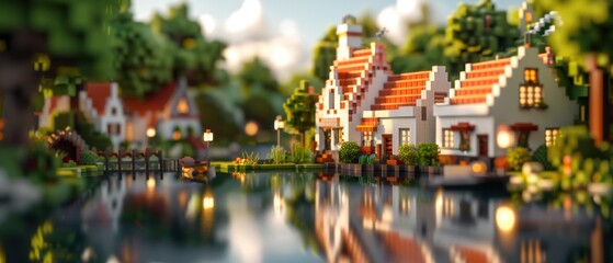 Fototapeta premium Enchanting Lakeside Village: of Peaceful Waterfront Townscape
