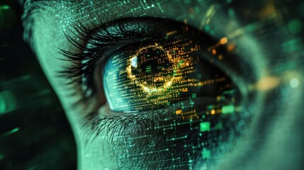 Human eye close-up on green tech background, hacker face and digital data pattern. Concept of cyber security, technology, future, hack, network,