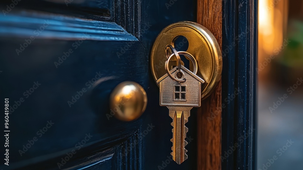 Wall mural Unlocking a New Beginning - Key with House-Shaped Keychain in Open Door Lock Symbolizing Home Purchase